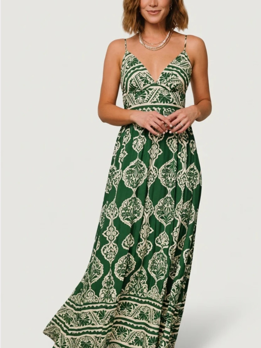 Sleeveless Green and Cream Maxi Dress - Elegant Printed Dress